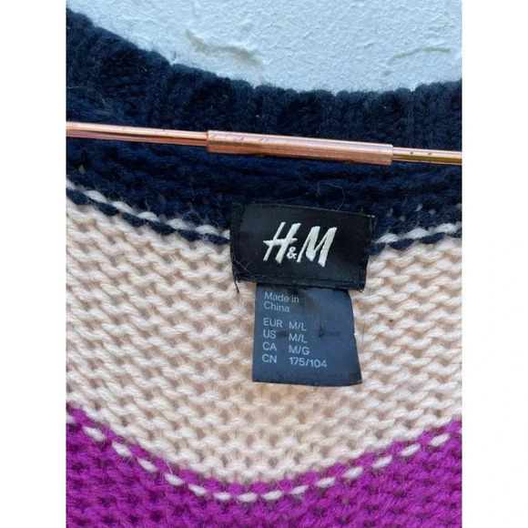 H&M Womens Pullover V Neck Tunic Crochet Sweater Dress Multi Striped Sz M/L WT06 - Picture 6 of 8